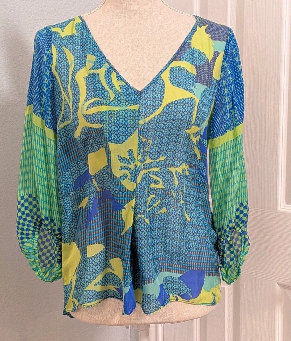 Hale Bob Women Blouse 100% Silk Top V Neck Size XS Quiet Luxury Blue Green Sheer